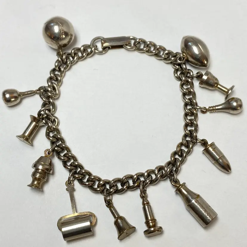 Enco Vintage Retro Silver Tone Chain Link Charm Bracelet Football Baseball Wine