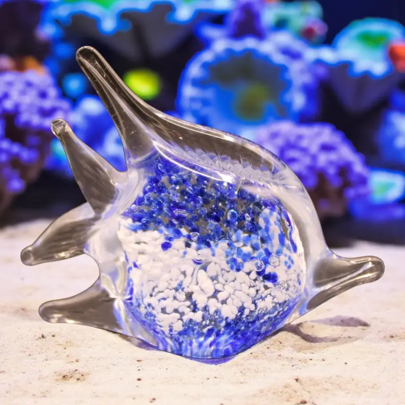 Blue & White Speckled Art Glass Angel Fish Figurine 3 3/4” Tall