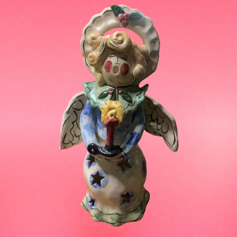 18. 2002 Heather Goldminc Blue Sky Ceramic Caroling Angel Tea Light Candle Holder