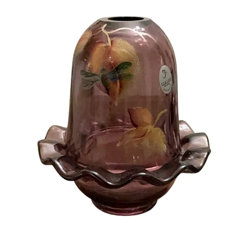 Fenton 2-piece Aubergine Fairy Light HP By Truda Mendenhall-Dragonfly Glows! 6” X 5”