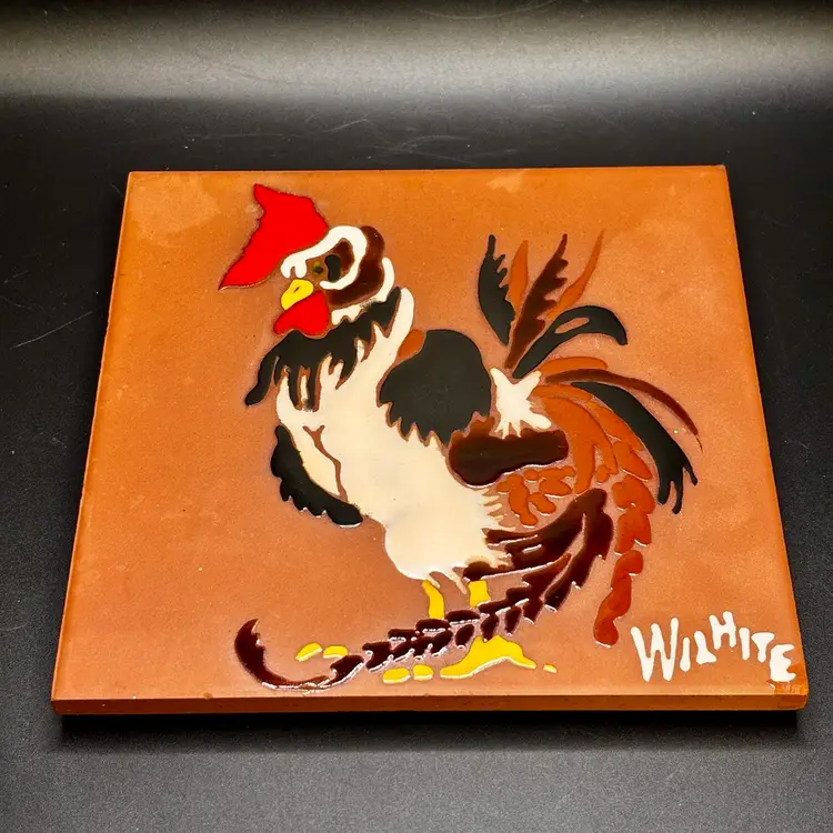 Redware Rooster Glazed Square Tile Trivet 6x6” Cork Back