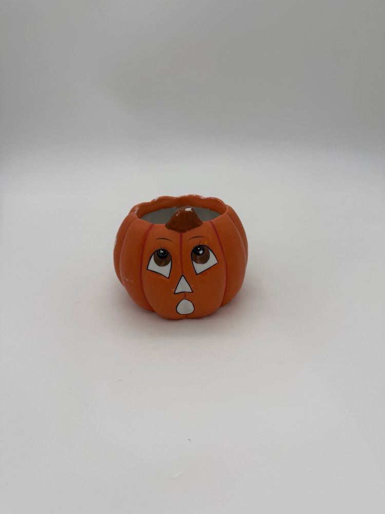 Halloween Fall Decorative vtg. Hand Painted Pumpkin Jack-O-Lantern planter Sm.