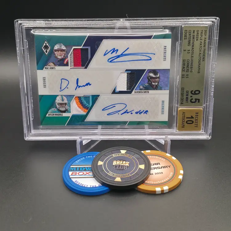 DeVonta Smith Jaylen Waddle Mac Jones Rookie Triple Patch Auto BGS 9.5 Gem Mint 2021 Panini Phoenix Football Green Parallel Numbered 6/10 Card #TPA-ALA - Philadelphia Eagles Miami Dolphins New England Patriots