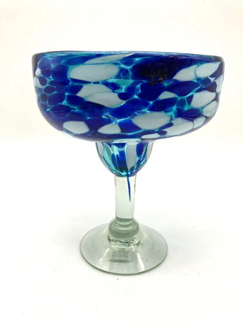 BIN - Hand blown Mexican Margarita Glass Blues And White 1 Of 2 - 6.5”