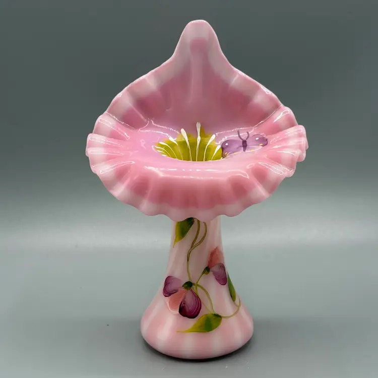 Fenton Rosalene Glass Jack In The Pulpit Vase Painted Butterflies & Flowers Opalescent Optic Swirl