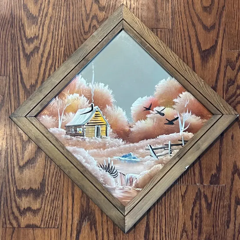 Original Painting On Mirror Wooden Frame Cabin By A Stream Signed And Dated 1992