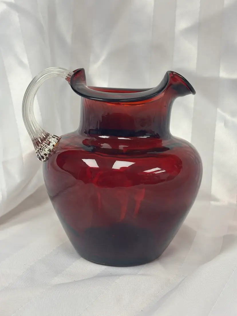 Beacon Hand Blown Royal Ruby Glass Ruffled Pitcher w/Clear Striated Handle