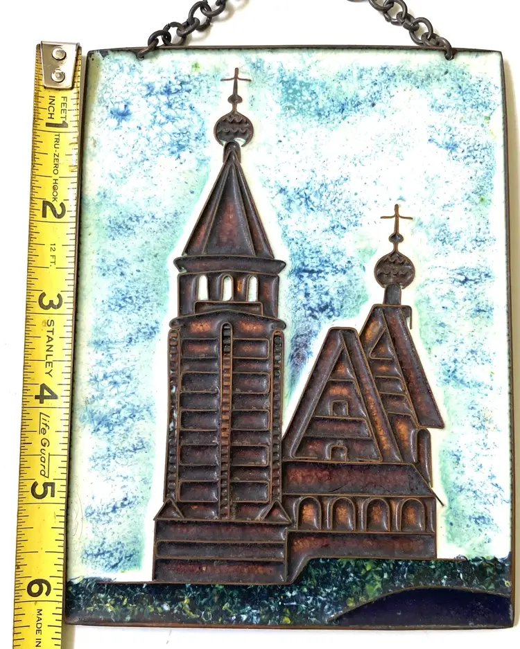 #01 Enamel On Copper Vintage Wall Plaques. Russian Churches. Original Stickers