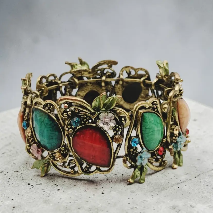 Antiqued Brass Tone Apple Design Multicolored Stones Jewels Hinged Bracelet