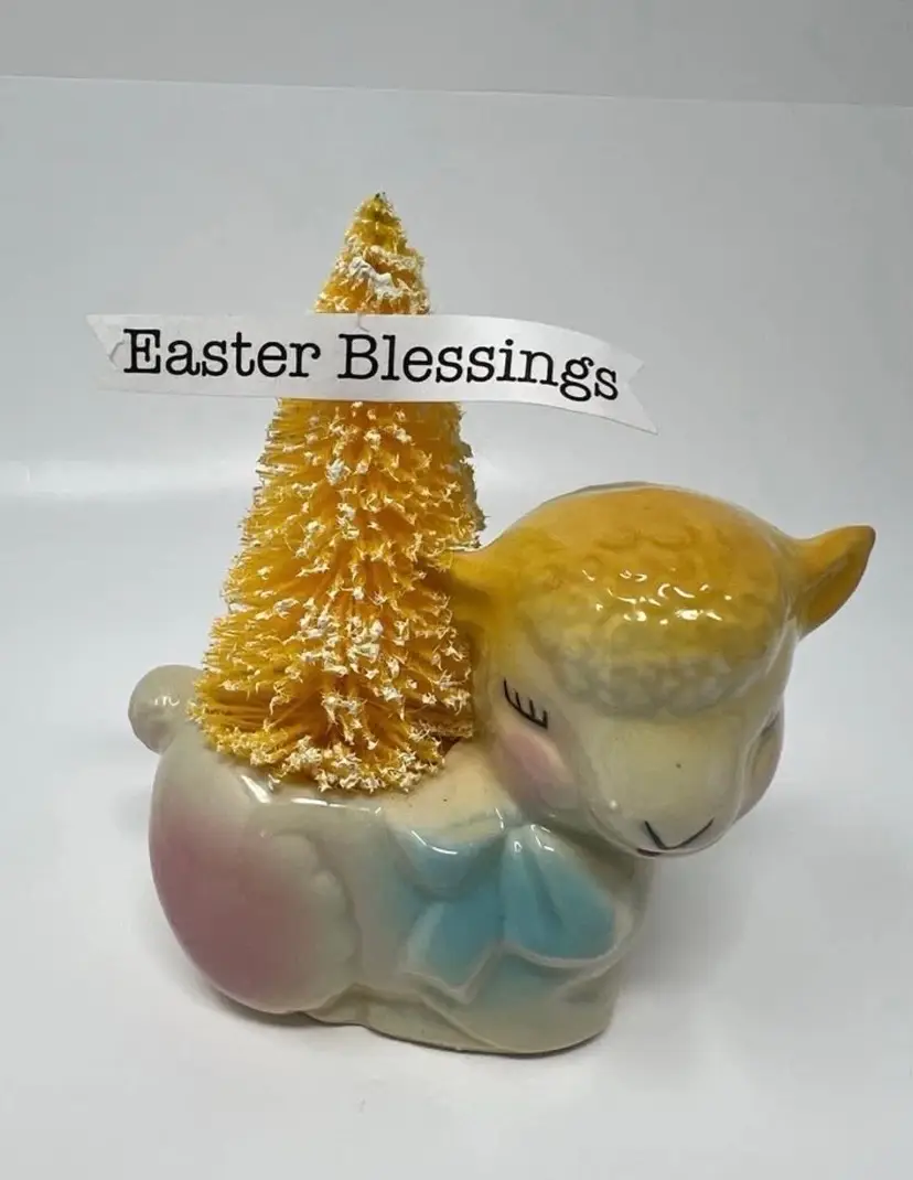 Vtg Lying Lamb Planter Easter Assemblage W/ Bottle Brush Tree & Easter Blessings Banner