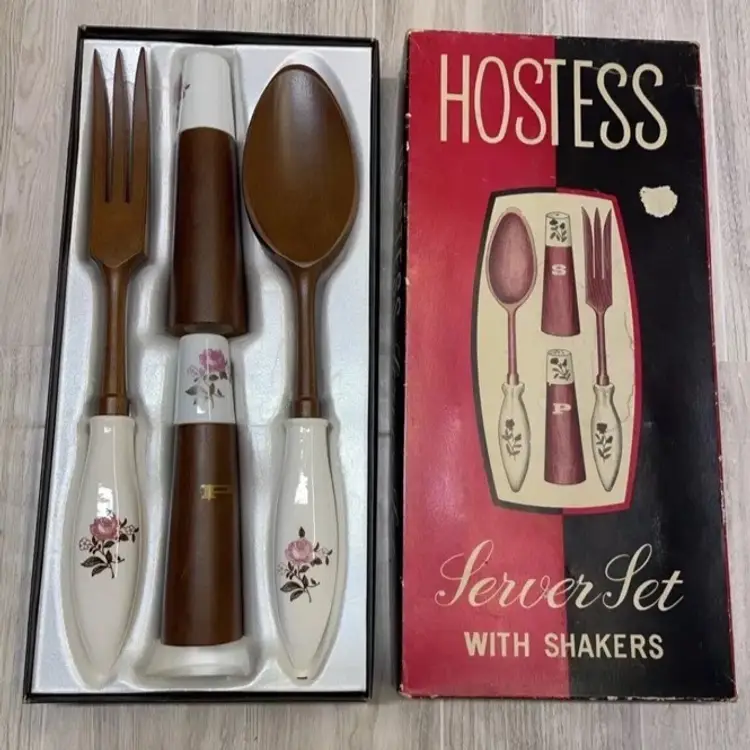 Hostess Server Salt & Pepper Shaker Set With Utensils Floral Pattern READ
