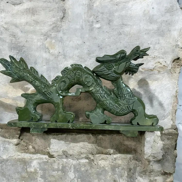 Large Hand-Carved Green Nephrite Jade Dragon Sculpture – 13.5” – 4.8 lbs