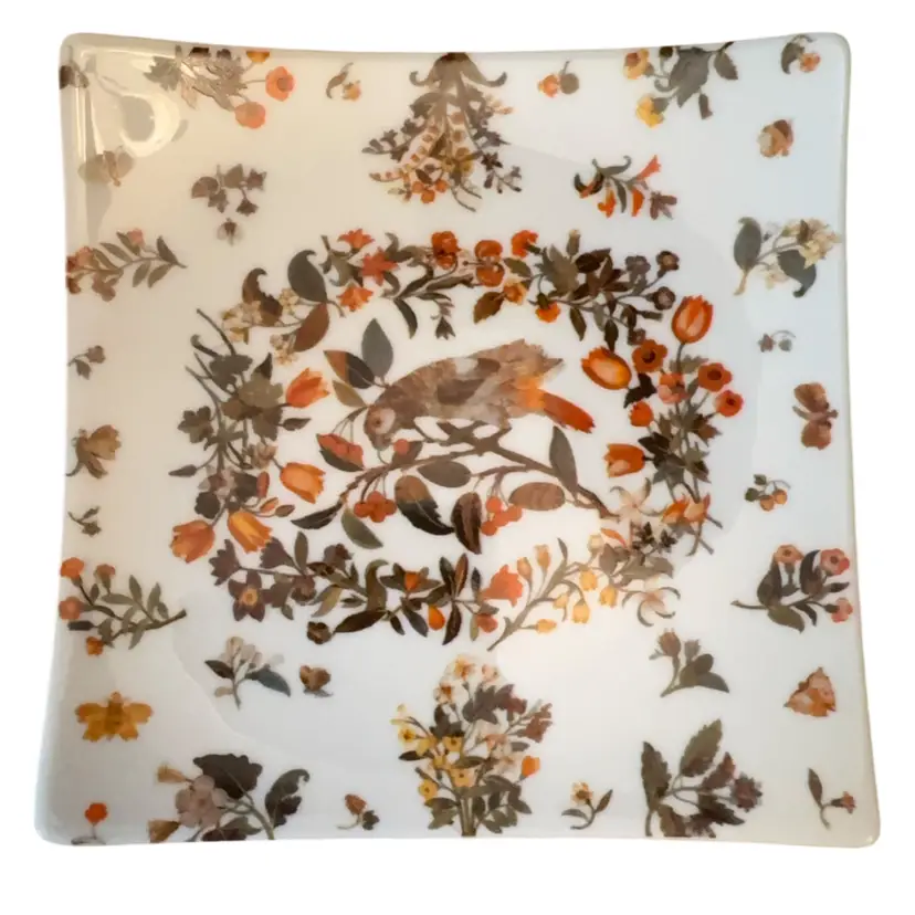 Autum Color Foliage And Bird 5.5” Square Porcelain Plate Madrid 2001