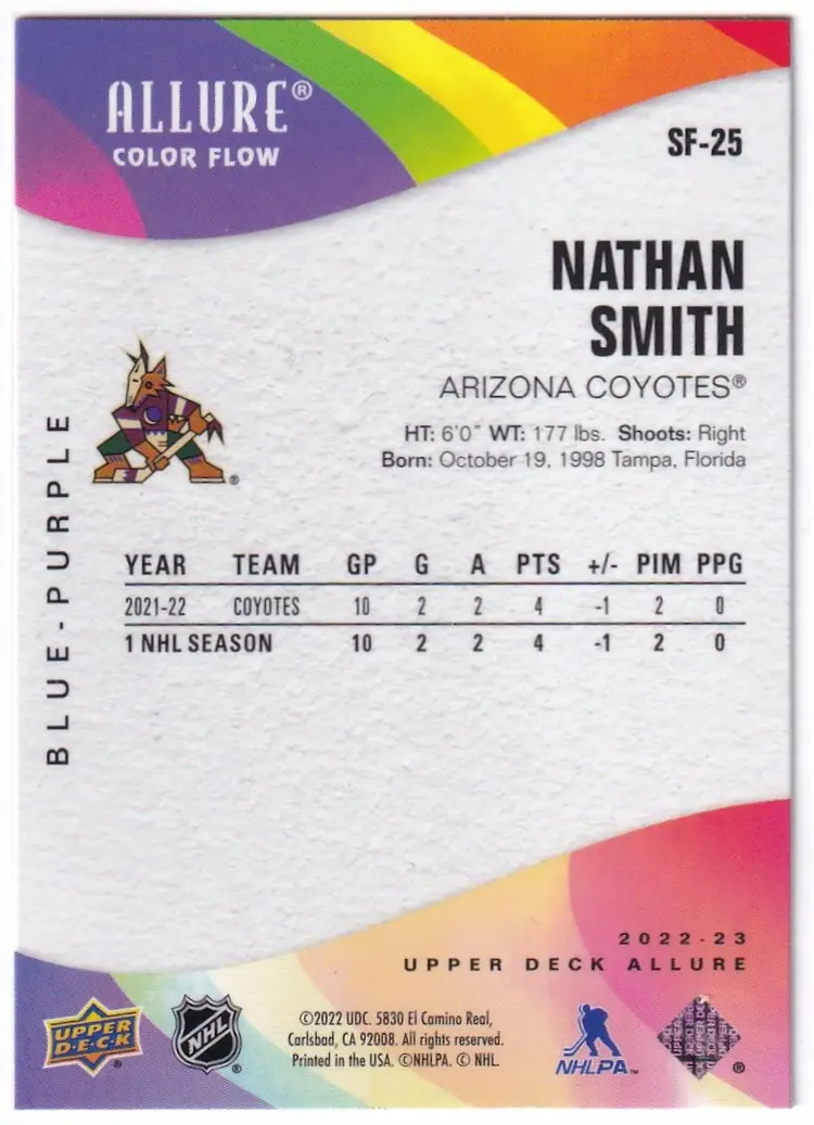 2022-23 Upper Deck Allure Color Flow Blue Purple #SF25 Nathan Smith Arizona Coyotes Hockey Card