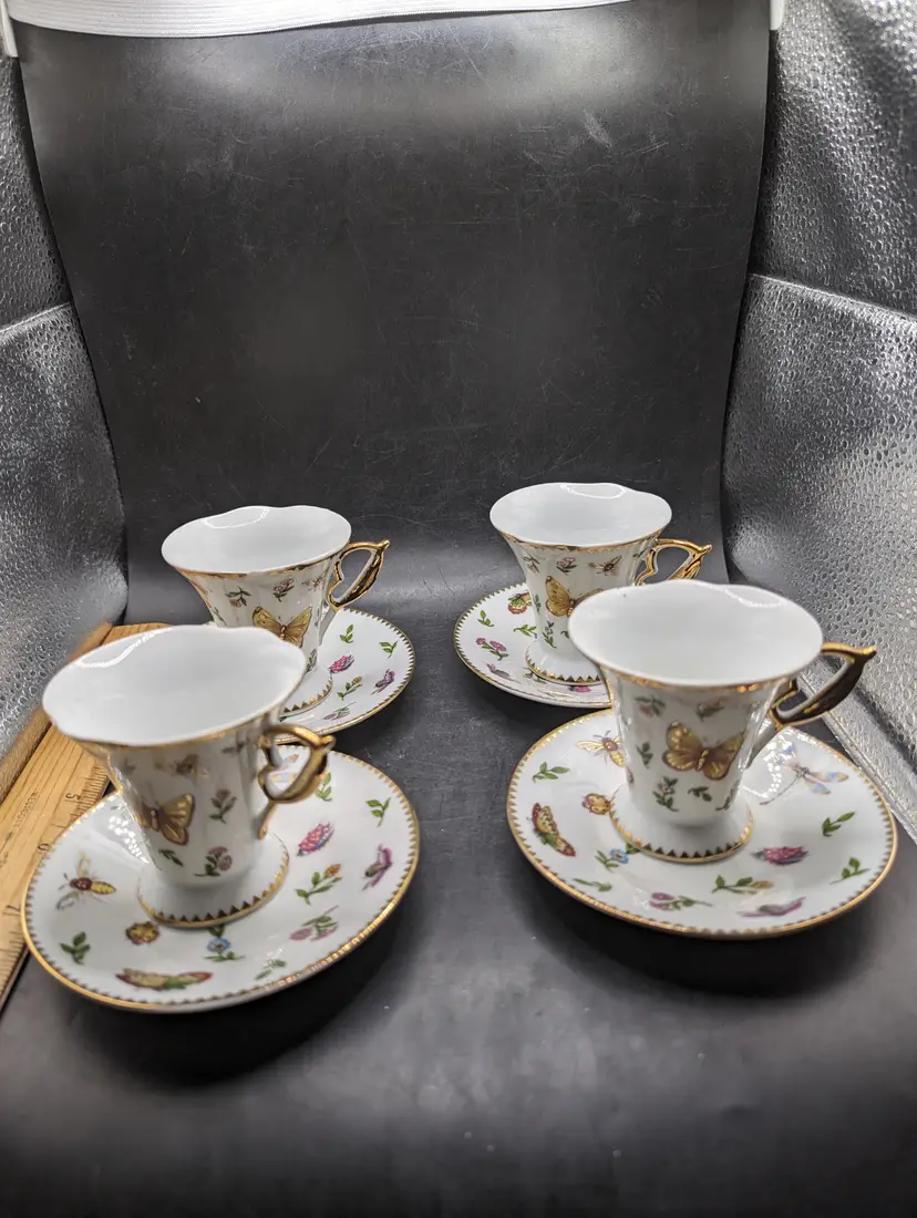 Vintage Set of 4 GNA Demitasse Butterflies, Bees, and Flowers Design With Gold Trim.