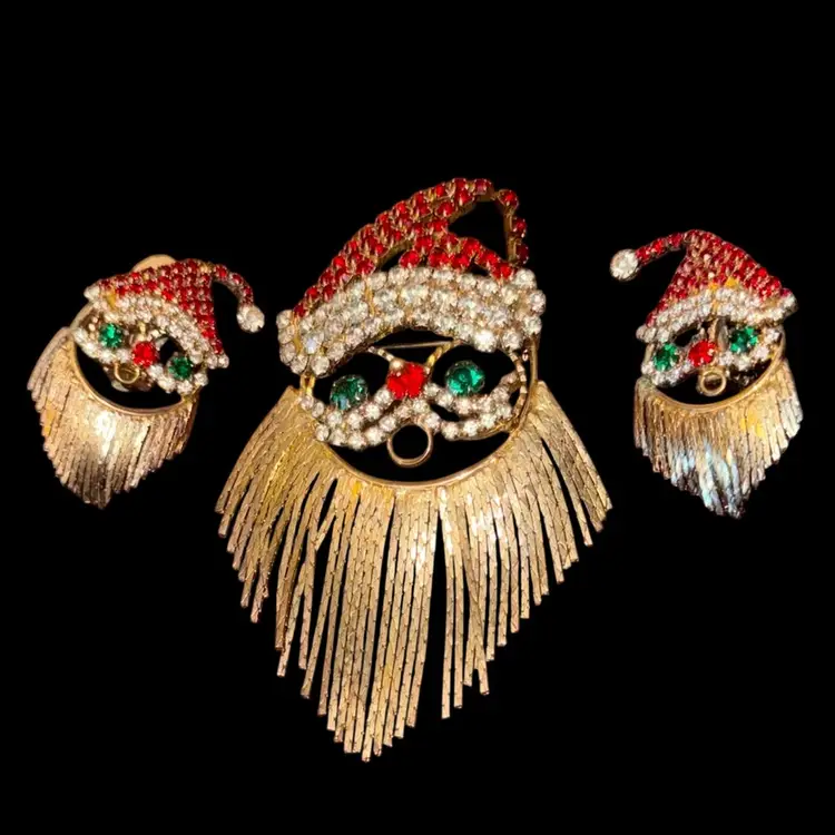 Vintage Christmas Santa Fringe Brooch 4” and Clipped Earrings 2”.  (Sorry!!! I Just Found Them!)
