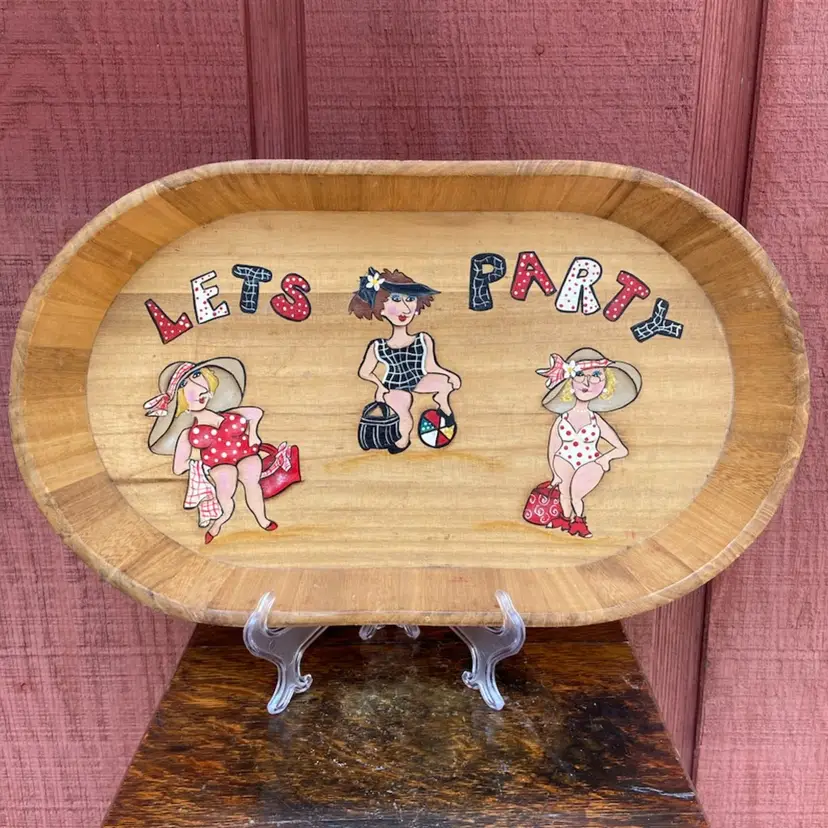 Wooden Serving Tray. Hand-painted, “Lets Party” With Three Women In Swimsuits & Hats. Signed Maryann.
