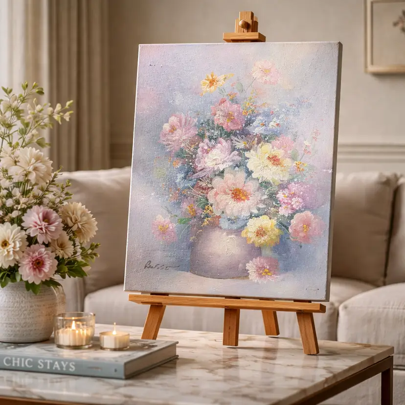 8" x 10" Artist Signed by Russo Original Oil Painting of Floral Bouquet in Vase