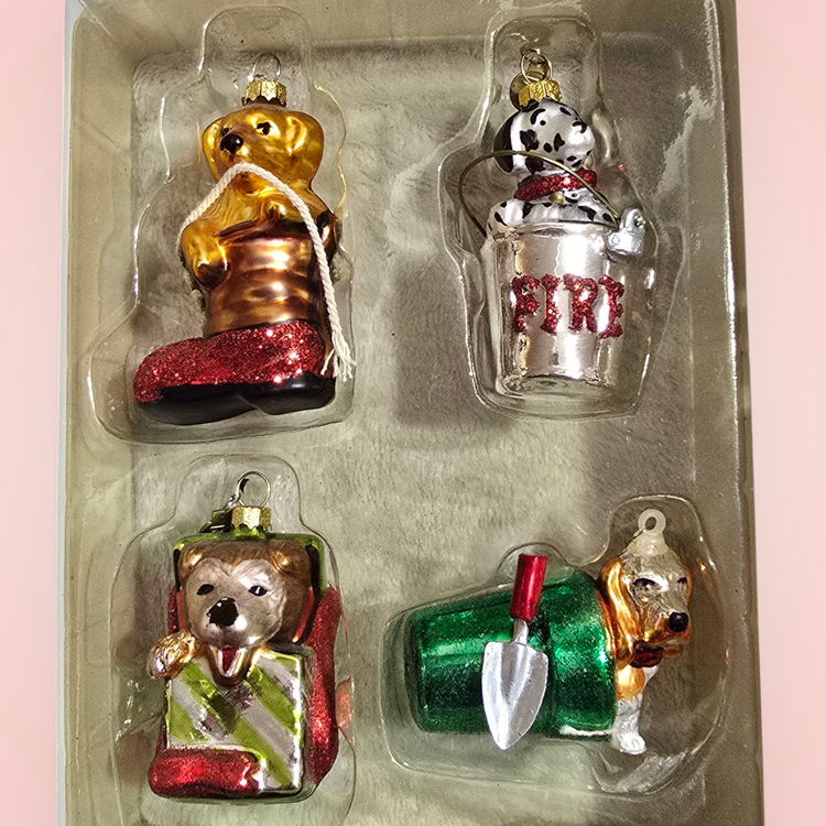 Dept 56 Tiny Trimmings DOGS Mini Glass Xmas Ornaments  Set of 4 NOS Vtg '90s