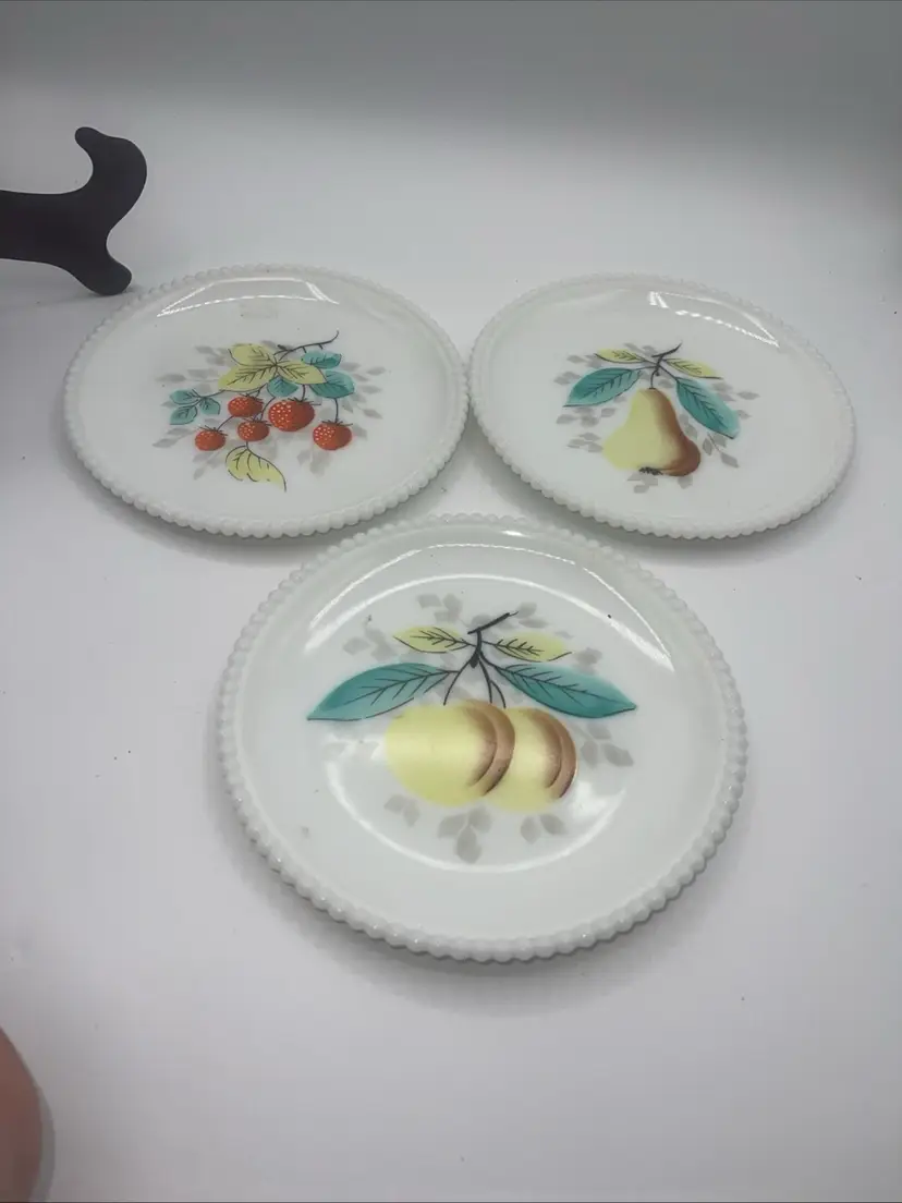 Vintage Set of 3 Westmoreland Salad Plates Beaded Edge Milk Glass Fruit