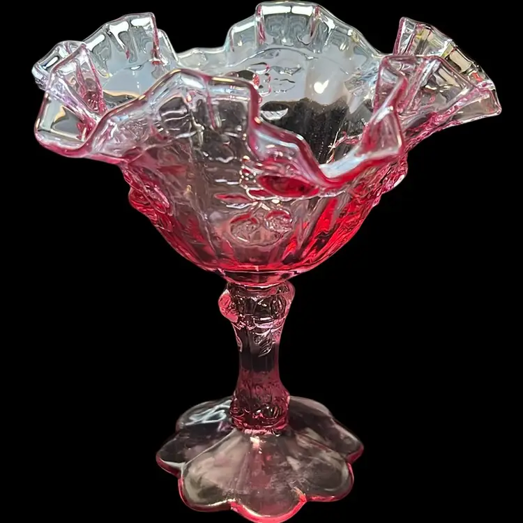 Vintage Fenton Glass Cabbage Rose pink pedestal compote dish. 6.5” Stamped