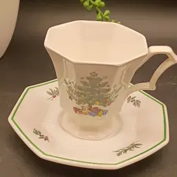 Vintage Nikko Christmastime Footed Cup Saucer 2 Octagon Shape Discontinued Pattern