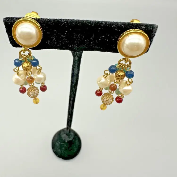 Vintage Liz Claiborne Clip On Earrings LCI Dangle Faux Pearl Bead Gold Tone