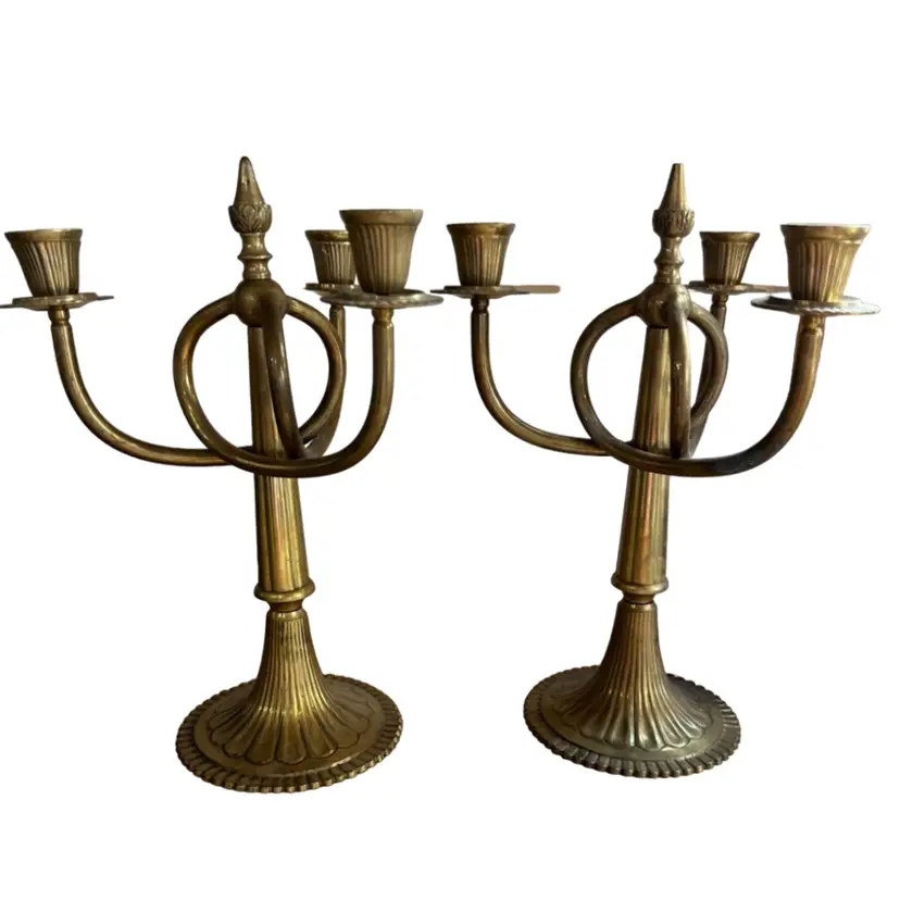 Brass Knot Candlesticks Pair 60's - three candle candelabras