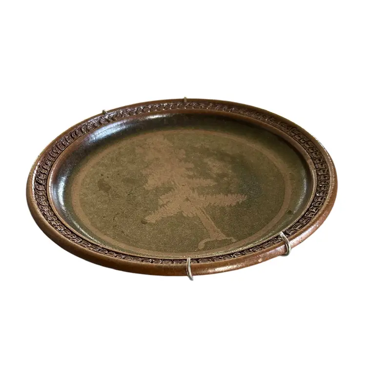 Rustic Brown and Green Tree Silhouette Stoneware Wall Hanging Plate