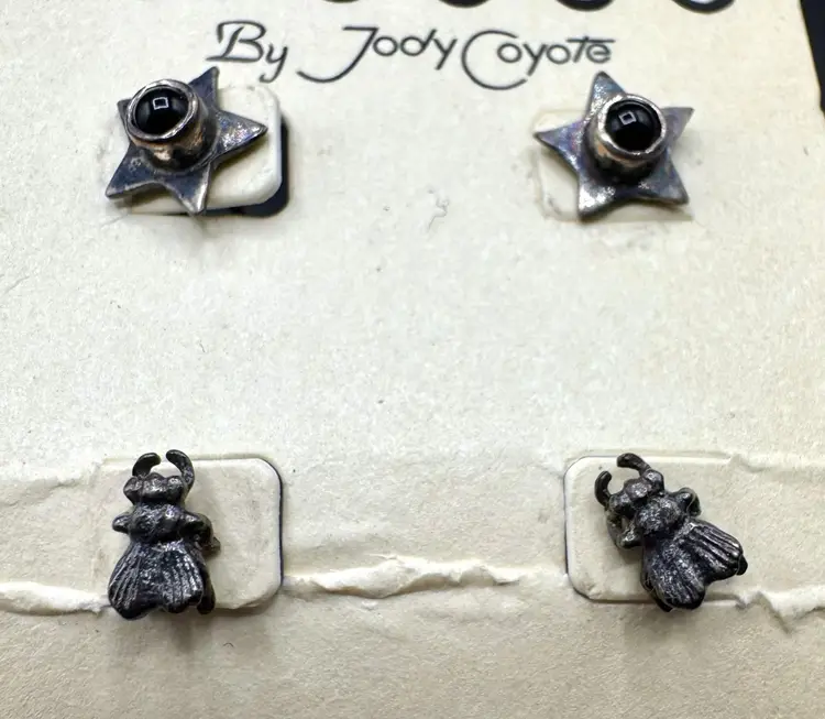 Set of 2 Pairs Jody Coyote Pierced Stud Earrings Star Fly Bug Sterling Silver
