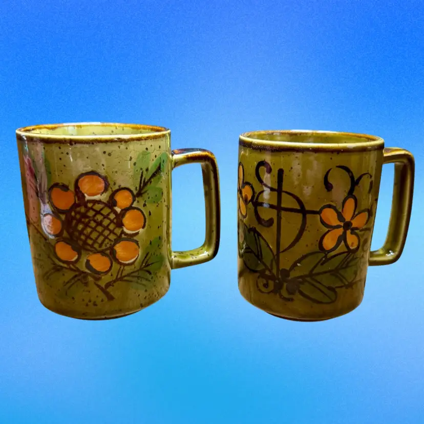 Pair Of MCM Fred Roberts Co. Stoneware Mugs, Orange Flower Pattern, Otigiri