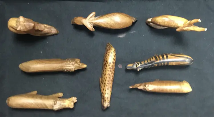 8 hand carved, small, wood safari animals, folk art, primitive, 2" - 4"