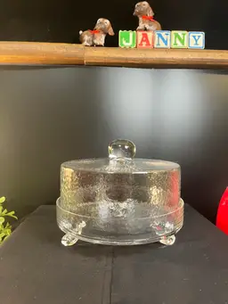 Clear Glass Orange Peel Textured Dome w/ Handle, Clear Non Textured Base w/ 3 Feet-Cloche