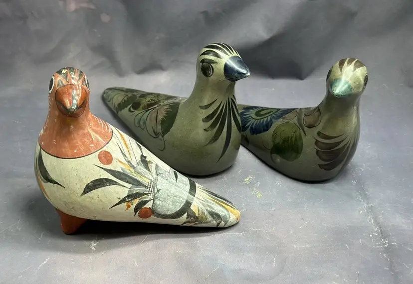 Vintage Tonala Pottery Folk Art Birds Lot Of 3 Hand Painted Shelf Sitters