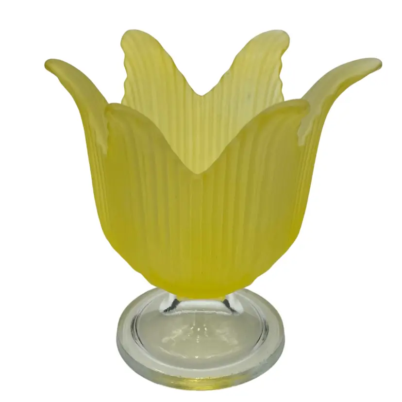 Frosted Yellow Glass Tulip Candle Holder, Clear Pedestal Base, Made in Portugal