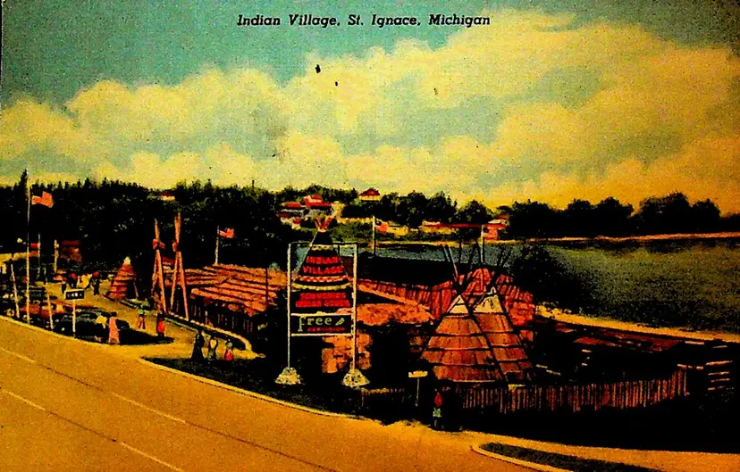 Indian Village St Ignace Michigan Postcard 1953
