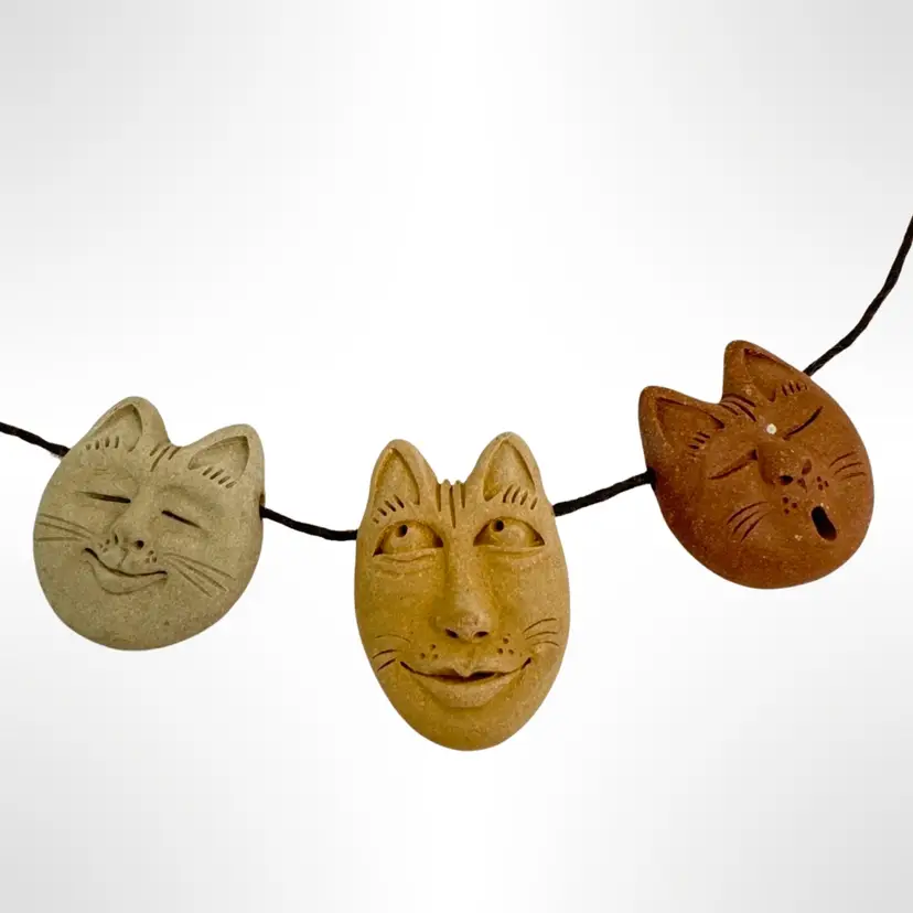 Handmade Ceramic Pottery Anthropomorphic Cat Beads Necklace