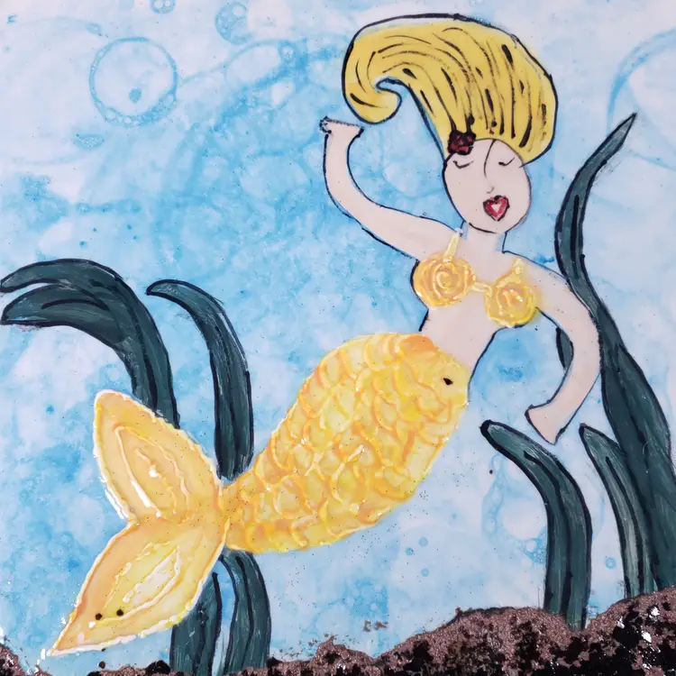 SIGNED Studio Art Pottery Yellow Mermaid Textured Square DECORATIVE TRAY PLATE