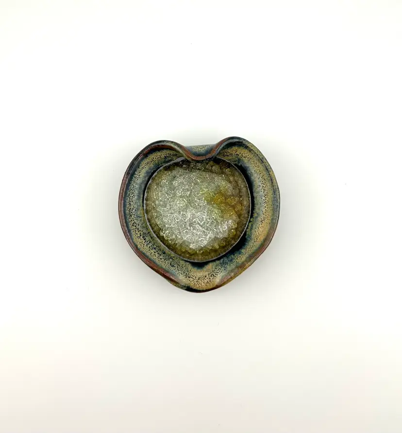 Heart Shaped Studio Pottery Trinket Dish With Crackle Glass Middle 3.5”x 3.5”x 1.25”