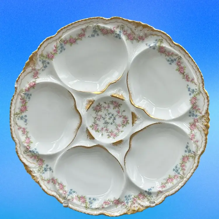 Antique Limoges porcelain oyster plate with floral decoration. 8”