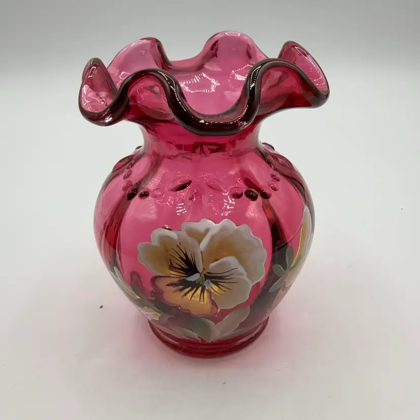 Fenton Hand Painted Pansies Cranberry Optic Ruffle Vase 1990’s Signed B Flaharty