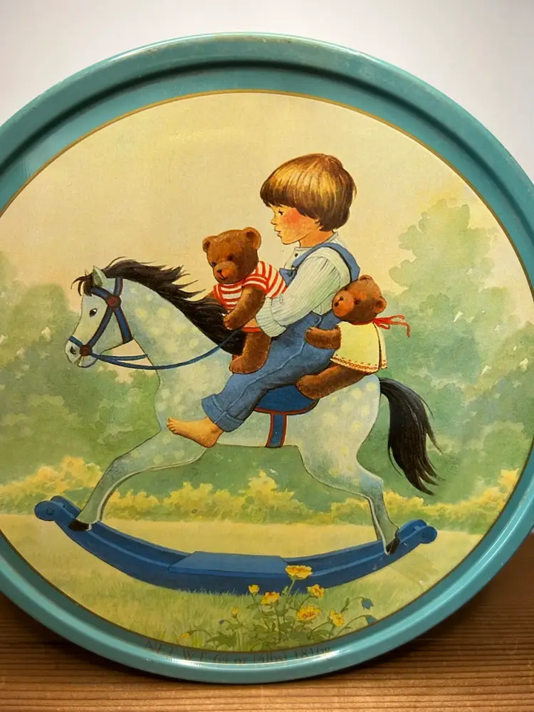 Vintage Collectible Danish Butter Cookie Tin Artwork By Christa Kieffer Some Wear And Discoloration @10 1/2” Diameter 5”tall
