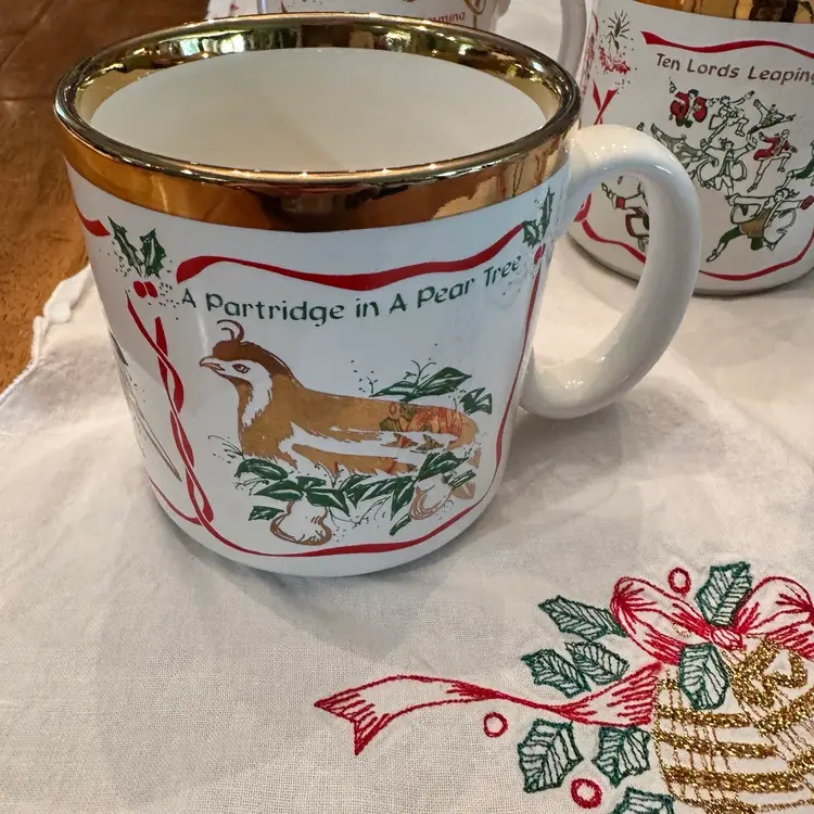 Beautiful Vintage Twelve Days of Christmas Mugs made in England By TAMS.  Features 3 Song Motifs on each mug with gold accents.  Perfect for Christmas Morning Brunch!