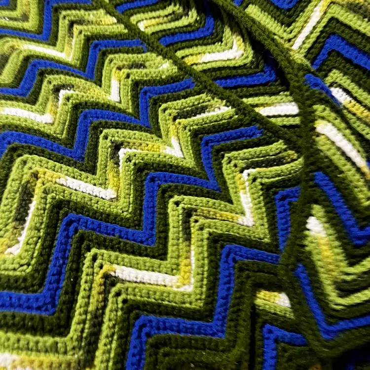 036 Beautiful Chevron Large Handmade Afghan Blues Greens 72x108