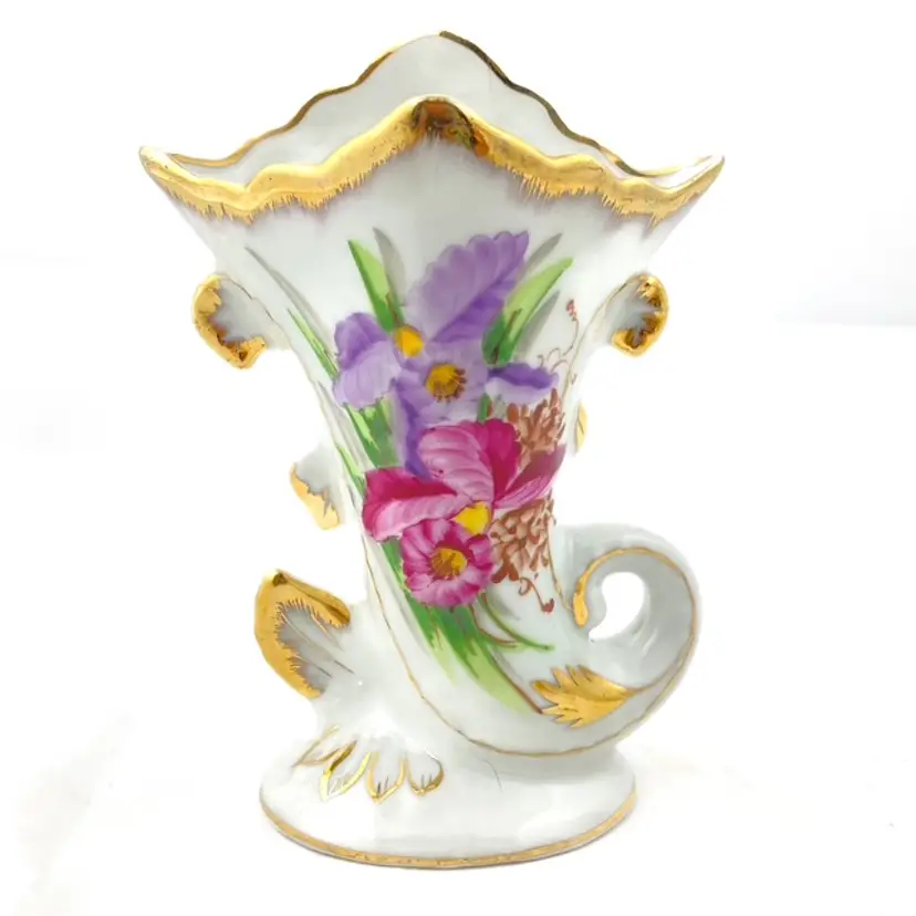 Brazilian Hand Painted Floral Porcelain Gilded Cornucopia Spill Vase Vintage