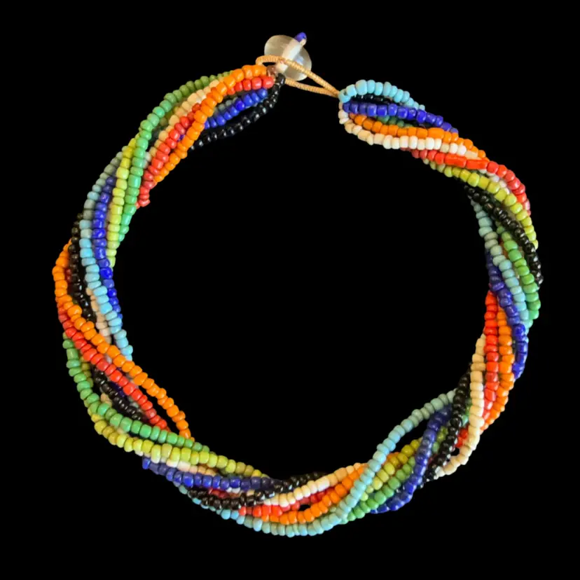 Vintage Handmade African Bohemian Multicolor Glass Bead Multi Strand Choker Necklace w/ Glass Button Clasp
