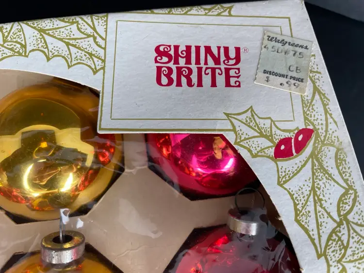 12 Vintage Shiny Brite Glass Christmas Ornaments in Box 6 Dark Pink, 6 Gold MCM