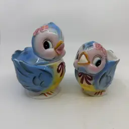 Vintage Geo Z Lefton Ceramic Porcelain Bluebird Creamer And Covered Sugar Bowl Set Anthropomorphic Birds Whimsical And Kitschy Cute READ