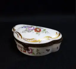Antique Porcelain Hand Painted France Floral Lidded Hinged Trinket Box w Gold