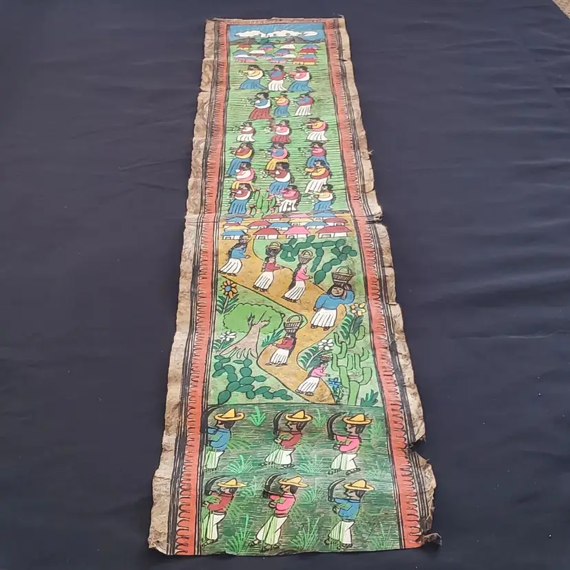 Folk Art Mexican Painting Tree Bark Parchment Handmade Unbranded 40” x 7 1/2” READ